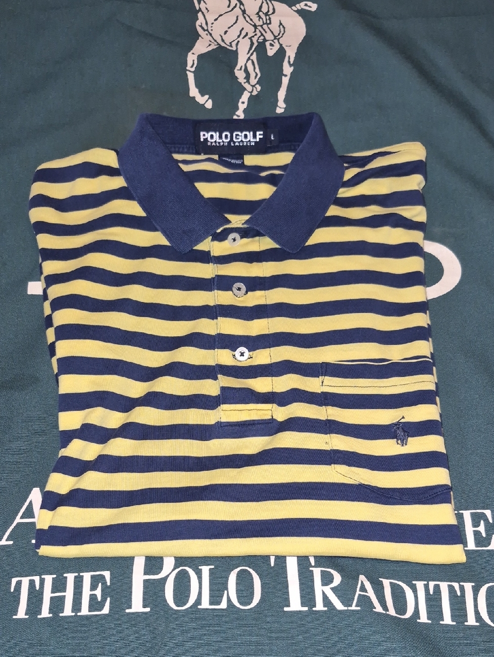 Ralph Lauren Polo Golf Y2k Yellow and Navy Striped Polo Shirt